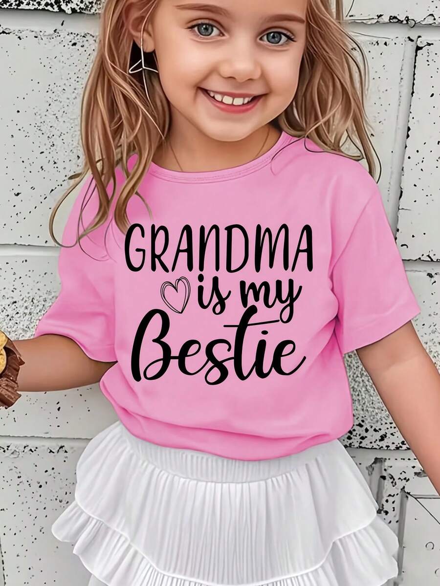 Versatile And Modern Casual T-Shirt For Girls With A Print Of The Phrase "My Grandmother Is My Best Friend". - 酒紅色 - 查看 1
