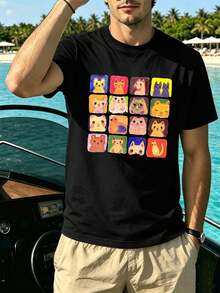 T-Shirt Da Uomo Con Stampa Grafica Di Gatti E Cani, Colore Nero. Tessuto Di Qualità, Vestibilità Ampia, Traspirante, Casual, Stampa Artistica. - Black - View 2