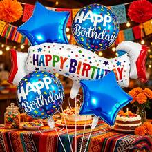 7pcs Blue Theme Birthday Foil Balloon Set, Suitable For Birthday, Anniversary, Memorial Day And Holiday Party Decoration, Blue Theme Birthday Decoration Balloons (Includes Straws And Ribbons) - View 1