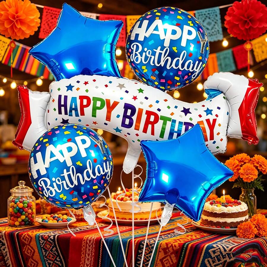 7pcs Blue Theme Birthday Foil Balloon Set, Suitable For Birthday, Anniversary, Memorial Day And Holiday Party Decoration, Blue Theme Birthday Decoration Balloons (Includes Straws And Ribbons) - View 1
