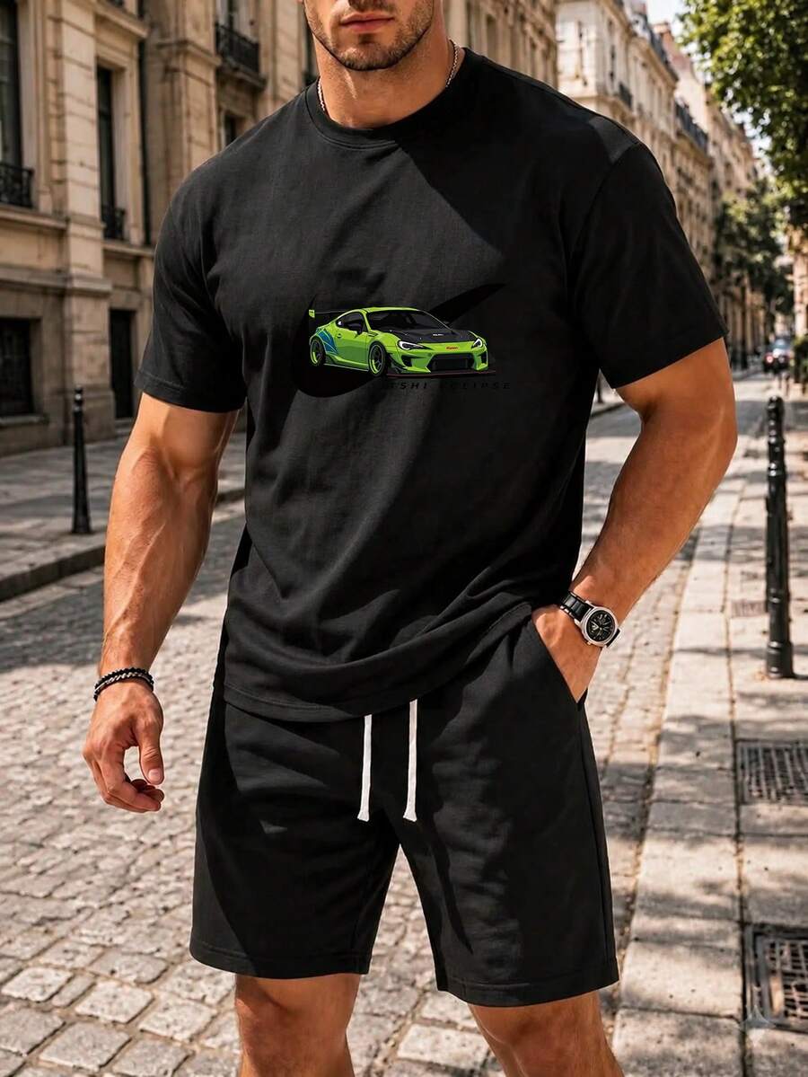 Men Relaxed Fit Graphic T-Shirt Dropped Shoulder Streetwear Tee - 黑色 - 查看 1