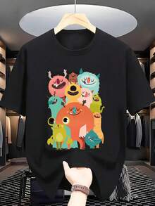 Men's Short Sleeve T-Shirt With Colorful Cartoon Monster Print - Soft And Stretchy Fabric, Perfect For Spring And Summer Outdoor Activities, Essential For V - 黑色 - 查看 1