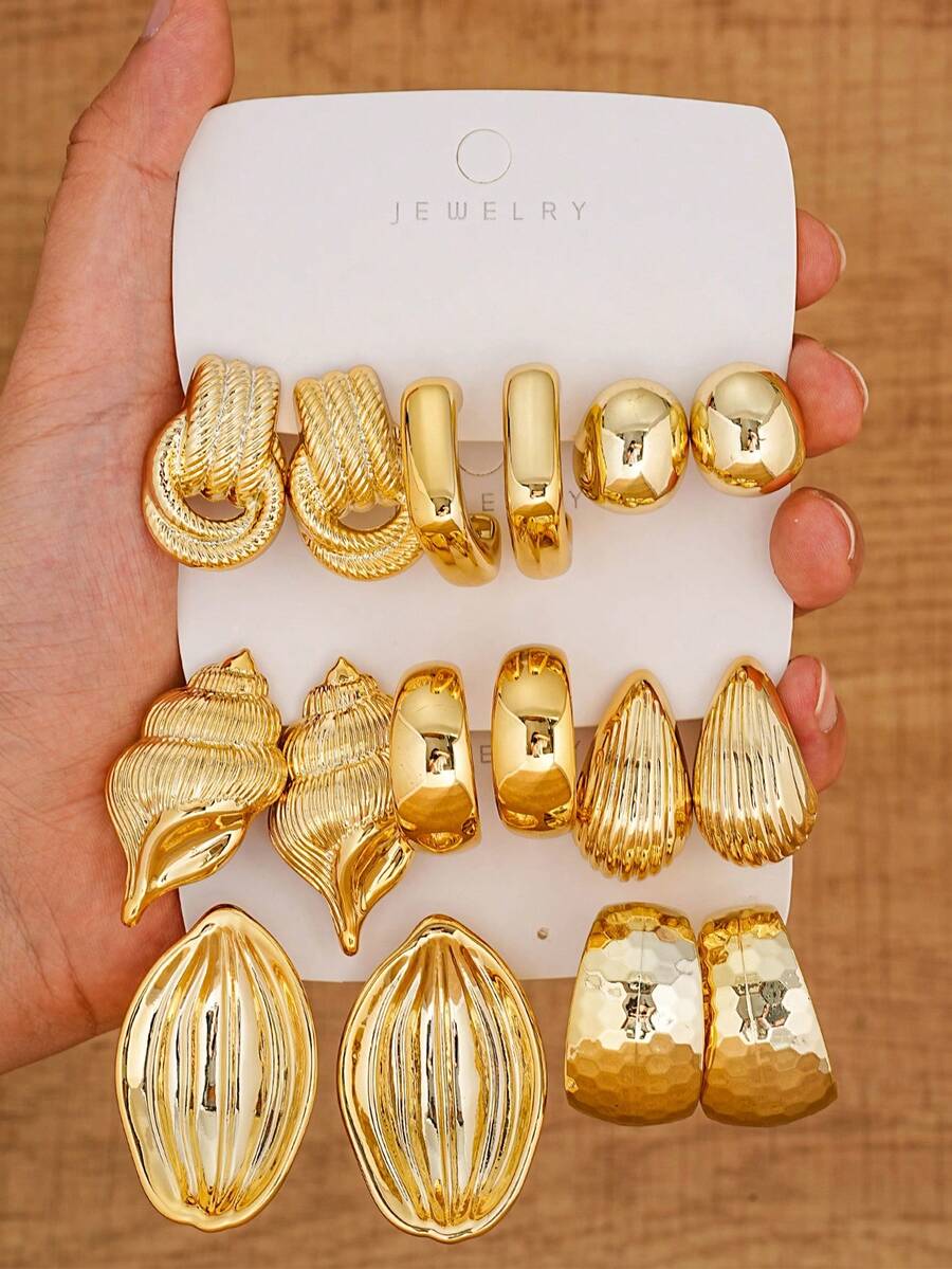4pcs/16pcs Fashionable Elegant Floral Geometric Multi- Gold Metallic Earring Set, Women's Fashion Earring Set, Daily Wear, (Lightweight CCB Material, Non-Fading) - Multicolor - View 1