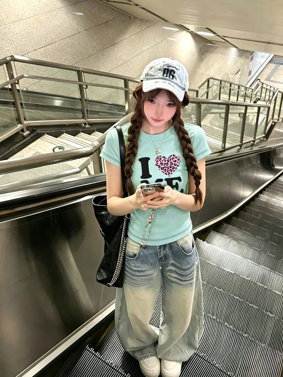 Kaos Wanita Model Hot Girl American Niche Design Bahu Persegi, Motif Hati & Huruf, Atasan Lengan Pendek Kasual Gaya Y2K Musim Panas - Hijau Mint - View 1