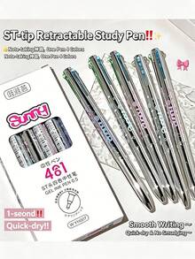 1 buah Pulpen Gel Tarik Multi-Warna 4-in-1, Bodi Logam Mengkilap, Ujung ST 0.5mm, Tinta Cepat Kering, Pulpen Tekan Multi-Warna, Dapat Diganti Hitam, Hari Pertama Sekolah - MultiWarna - View 3