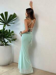Elegant Women's Dress With Floral Print And Open Back, Summer Clothes, Beach Outfits For Women, Beach Vacation Clothes, Party Outfits, Bridesmaids - 薄荷綠 - 查看 5