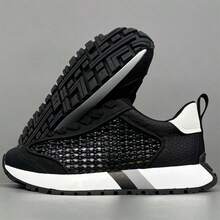 Men's Hollow Mesh Breathable Retro Thick Sole Sneakers, Chunky Sneakers Colorblock Striped Lightweight Non-Slip Shoes - Black - View 4