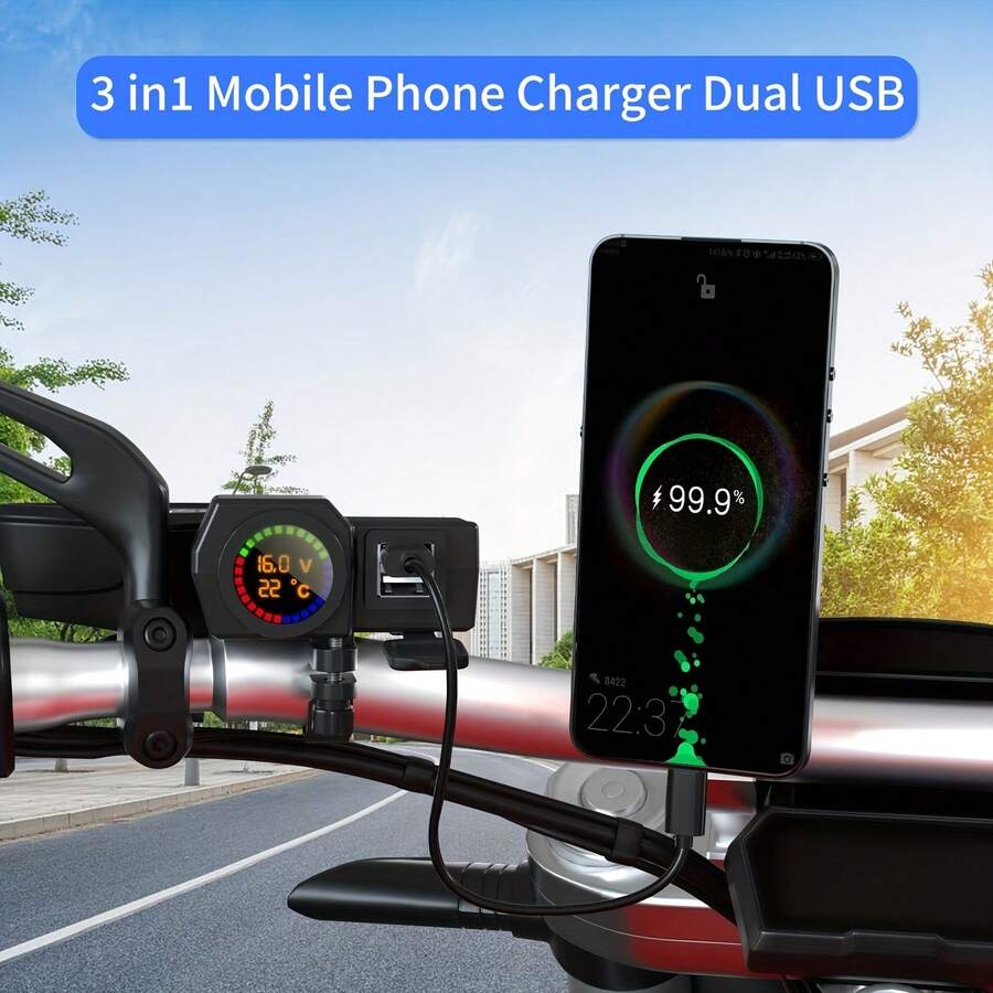 1 Drag 3 Motorcycle Charger Voltage Temperature Digital Display Dual USB Mobile Phone Charger 5V3a Car Charger - Temperature and Voltage Display, Dual USB Charger - View 1