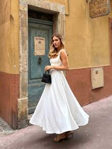 Floreya Vestido de Tela Tejida con Cremallera de unicolor Casual Elegante para Cita Nocturna Vacaciones Boda Primavera Verano - Caqui - Ver 7