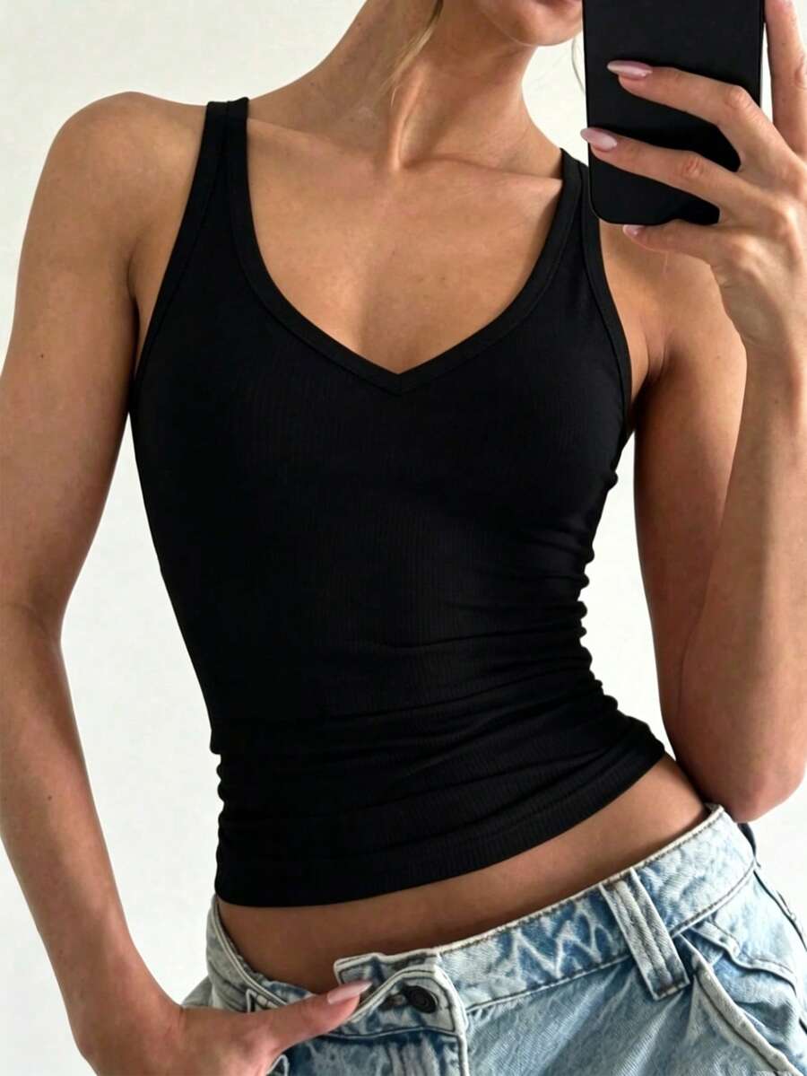 女士纯色针织吊带背心,弹力修身舒适背心,适合运动、跑步、徒步、健身、瑜伽、普拉提等。 - 黑色 - 查看 1
