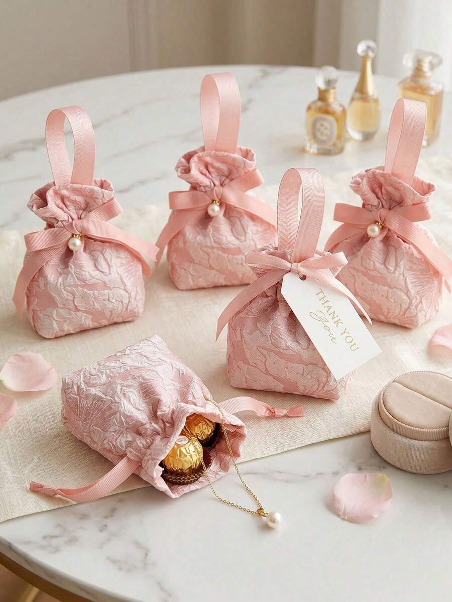 10-Pack Small Floral Pattern Gift Bags, Pink Canvas Gift Bags, Tea Party Favor Bags With Handles, Mini Drawstring Candy Gift Bags, Suitable For Bridal Showers, Birthdays, Weddings, And Other Occasions - A - View 1