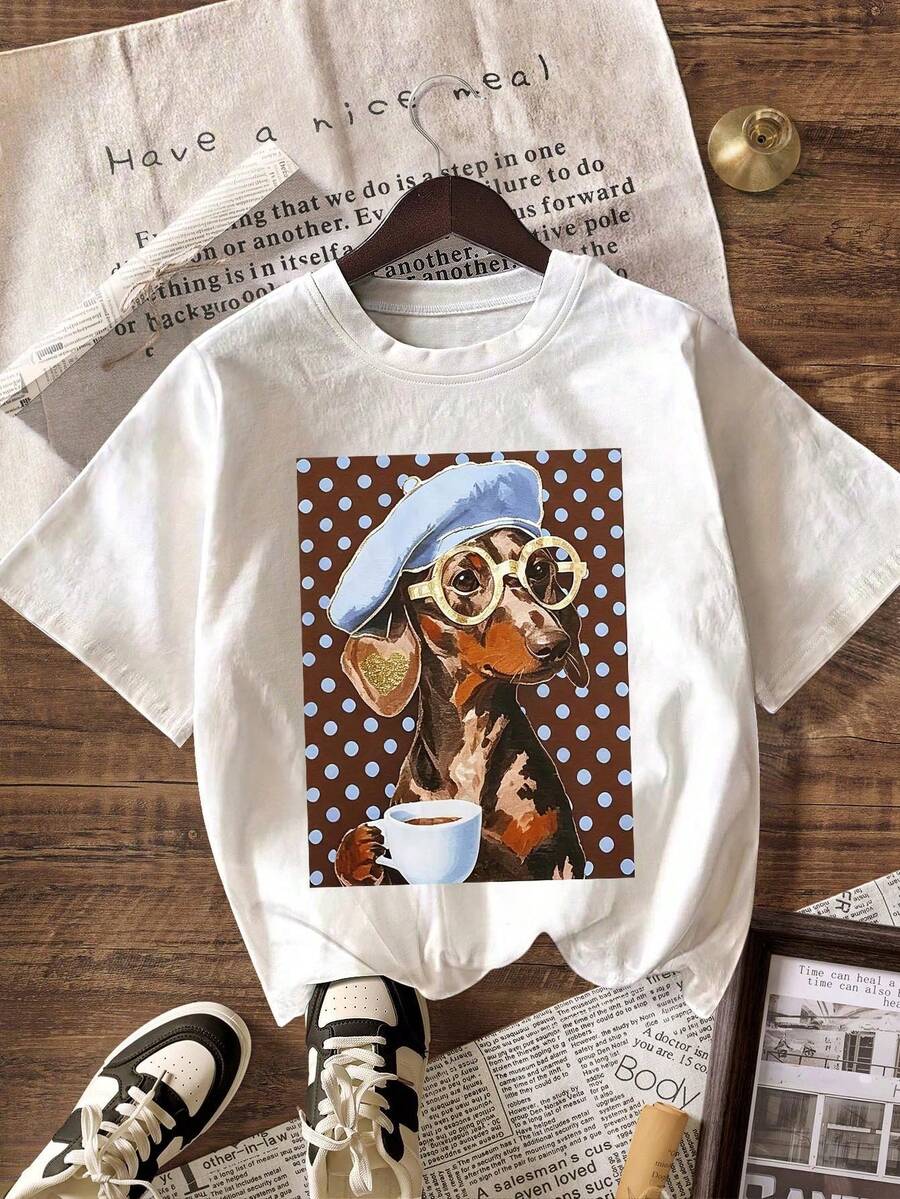 001Plus Size Damen Casual Rundhals Kurzarm Niedliches Dackel-Polka-Dot-Grafik-T-Shirt Weiß Sommer-Vintage Street-Style Unisex Locker Baumwolle Kurzarm Rundhals-T-Shirt - Weiss - Übersicht 1