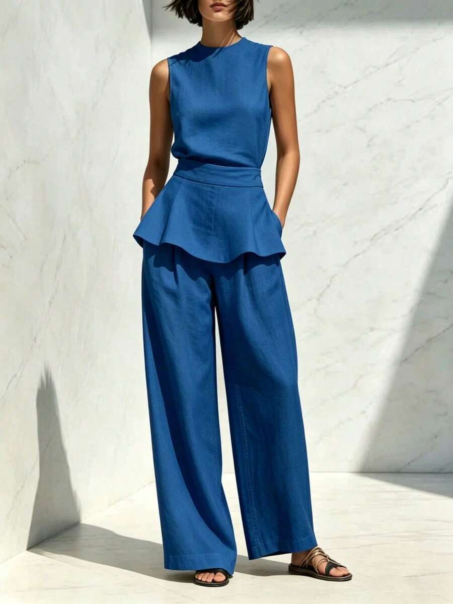Women's Two-Piece Set: Sleeveless Blouse With Round Neck, Ruffled Hem, Fitted Waist, And Textured Palazzo Pants; Elegant Casual Outfit For Office, Everyday Wear, And Going Out - 寶藍色 - 查看 1
