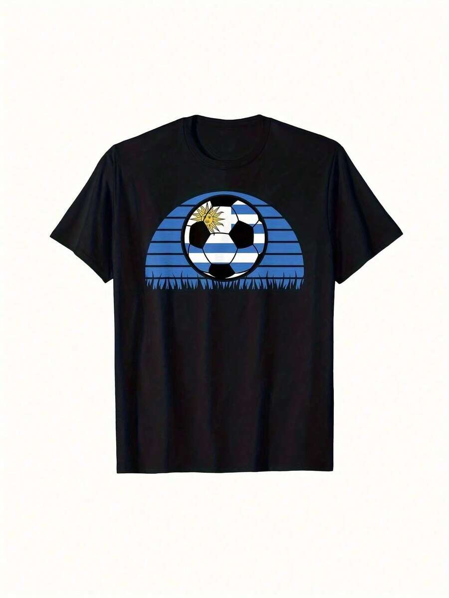 Camiseta de fútbol masculina de Uruguay, en negro con rayas azul y blanco, diseño con la bandera de Uruguay, la elección preferida de los aficionados. - Negro - Ver 1