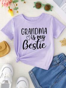 Versatile And Modern Casual T-Shirt For Girls With A Print Of The Phrase "My Grandmother Is My Best Friend". - 紫色 - 查看 2