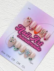 10 piezas de uñas postizas hechas a mano con forma de almendra, disponibles en nude, rojo, naranja, azul, verde, con puntas francesas de bloques de color y decoraciones de strass de colores, adecuadas para mujeres y niñas, perfectas para fiestas, ocasiones de baile y uso diario. Viene con un juego de herramientas, un gran regalo para suministros de uñas de mujer y uñas postizas hechas a mano - Multicolor - Ver 2