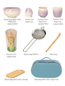 7-Piece Lotus Shaped Gradient Ceramic Portable Matcha Set, Complete Matcha Making Tools With Storage Bag - Multicolor - View 3