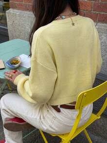 Women's Butter Yellow Loose Knit Cardigan, Button Front, Short Length Round Neck Long Sleeve, Perfect For Autumn/Winter Daily Wear Fall - Yellow - View 3
