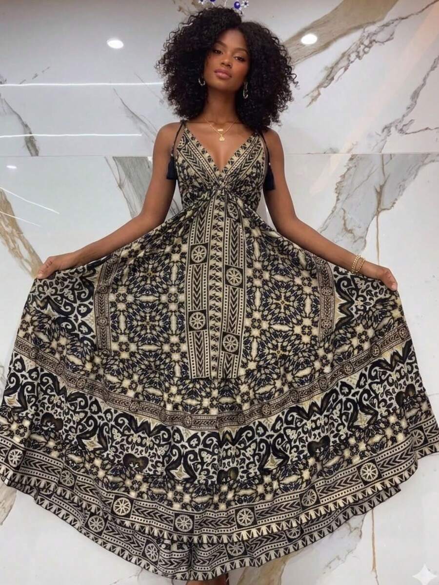 Long Halter Dress Costs Nude - Black and Gold - View 1