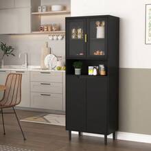 Tall Bookcase With Tempered Glass Door And Adjustable Shelf, 4 Doors, Lacquered MDF Furniture, Black, Storage For Living Room And Bedroom - Black - View 3