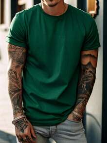 Plus Size Solid Color Basic Clean Style Men's Short Sleeve T-Shirt | American Casual Loose Fit | Suitable For Summer Wear - Dark Green - View 3