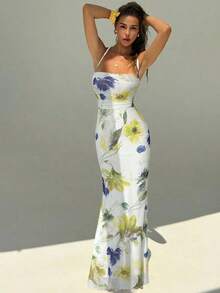 Elegant Women's Dress With Floral Print And Open Back, Summer Clothes, Beach Outfits For Women, Beach Vacation Clothes, Party Outfits, Bridesmaids - 青檸色 - 查看 4