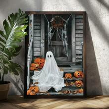 1 pieza Arte de pared en lienzo, decoración de pared enmarcada, fantasma blanco vintage sentado en un porche de madera con linterna de calabaza, hojas de arce y telaraña, póster popular de atmósfera de terror pastoral de otoño de Halloween, pintura decorativa colgante vintage sin marco, adecuada para decoración del hogar moderno, decoración de habitación, decoración de dormitorio, decoración de sala de estar, decoración de baño, decoración de cocina - Fantasma de calabaza - Ver 9