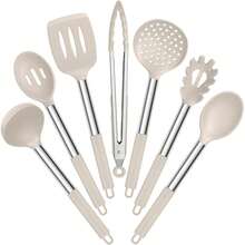7-Piece Silicone Cookware Set, Heat-Resistant Kitchen Utensils With Stainless Steel Handles, Slotted Turner, Spoon, Ladle, Pasta Server, Skimmer, Tongs, Non-Stick Spatula - Khaki - View 1