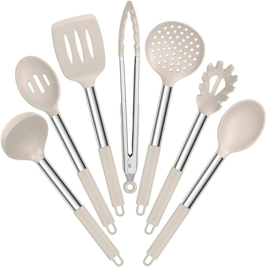 7-Piece Silicone Cookware Set, Heat-Resistant Kitchen Utensils With Stainless Steel Handles, Slotted Turner, Spoon, Ladle, Pasta Server, Skimmer, Tongs, Non-Stick Spatula - Khaki - View 1