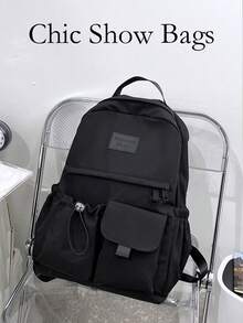 Pure Black Casual Backpack, Waterproof Nylon Fabric, Side Drawstring Pocket, Minimalist Style, Suitable For Teenagers Travel And Daily Use - Black - View 9