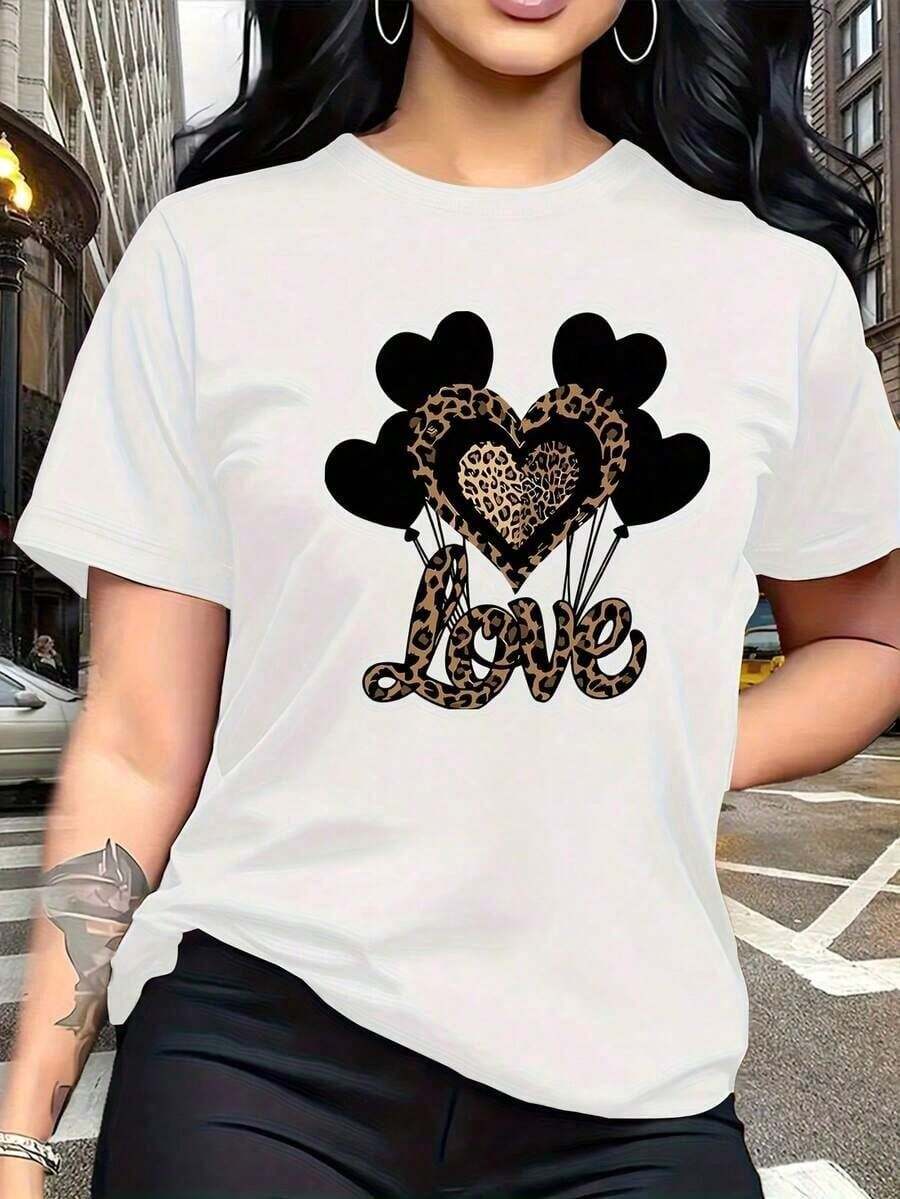 Graphic Tees2026 New Women's Pure Cotton Casual T-Shirt, Combining Boldness With Delicacy, With A Black Heart-Shaped Balloon Print And Leopard Print, And U - 白色 - 查看 1