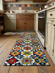1pc American Style Colorful Vintage Tile Diatom Mud Kitchen Floor Mat, 3.5mm Rubber Non-Slip Bottom Oil-Resistant Wear-Resistant, Sponge Layer Water-Absorbent, Kitchen Bathroom Hallway Living Room Universal Foot Mat - View 2