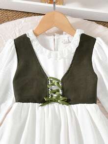 Vihyde Set 2 Potong Gaun Rompi Hijau dengan Patchwork Renda Leher Bulat dan Jubah Hoodie untuk Anak Perempuan Muda, Gaya Dua Potong Palsu, Halloween - Putih - View 5