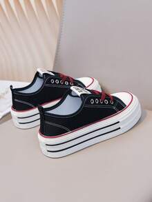1 Pair 2026 New Thick Sole Canvas Shoes For Girl, Black & Red Color Block Platform Sneakers, Versatile Breathable Casual Skate Shoes For Girls - Burgundy - View 4