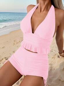 Swim Tankini Swimsuit Set With Plain Halter Top And Open Back, And Pleated Drawstring Shorts, Mature And Charming To Look - Rosa - View 1