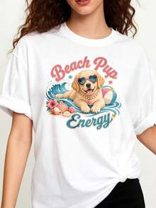 Size - Women's Round Neck T-Shirt, 100% Cotton, Casual Summer Style, With A Design Of A Puppy Dog On The Beach Wearing Sunglasses - 白色 - 查看 1