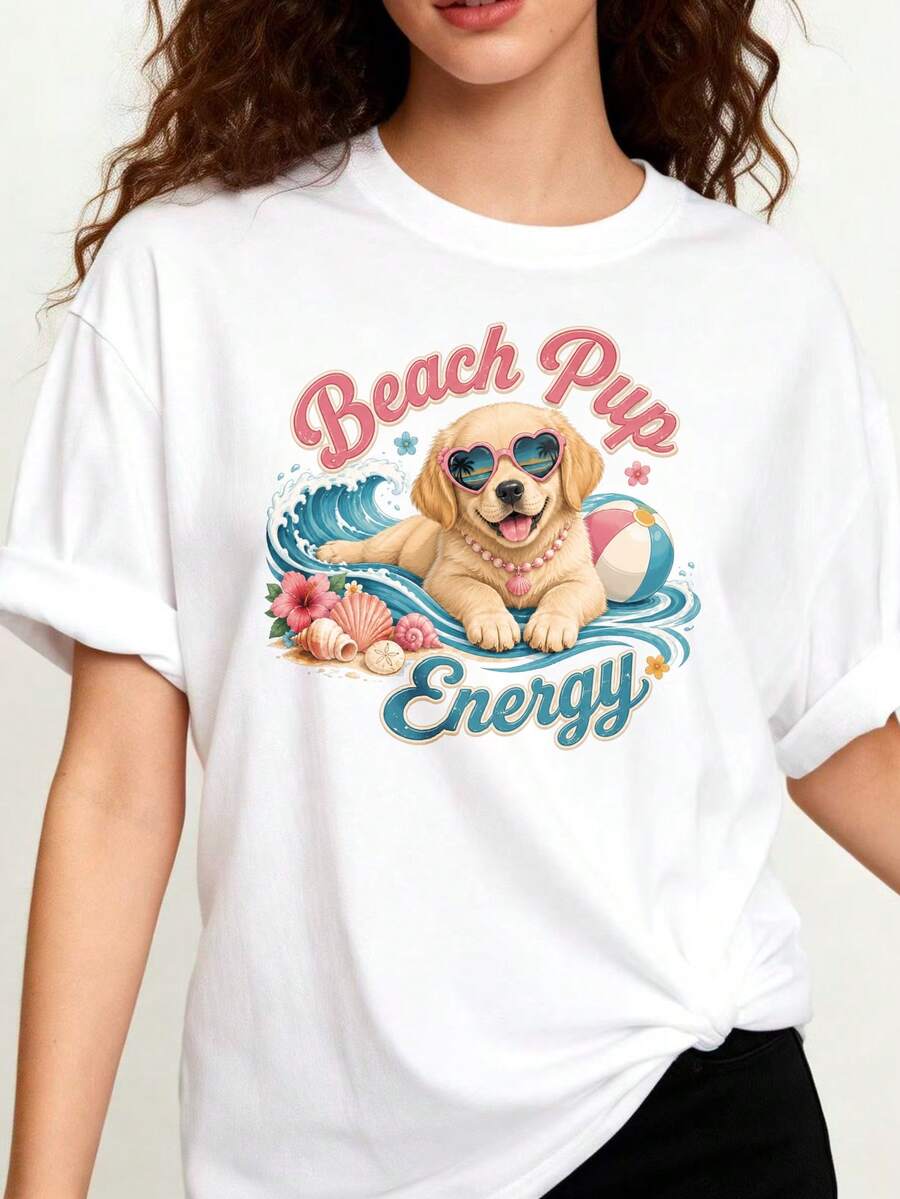 Size - Women's Round Neck T-Shirt, 100% Cotton, Casual Summer Style, With A Design Of A Puppy Dog On The Beach Wearing Sunglasses - 白色 - 查看 1