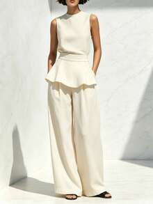 Women's Two-Piece Set: Sleeveless Blouse With Round Neck, Ruffled Hem, Fitted Waist, And Textured Palazzo Pants; Elegant Casual Outfit For Office, Everyday Wear, And Going Out - 杏色 - 查看 3