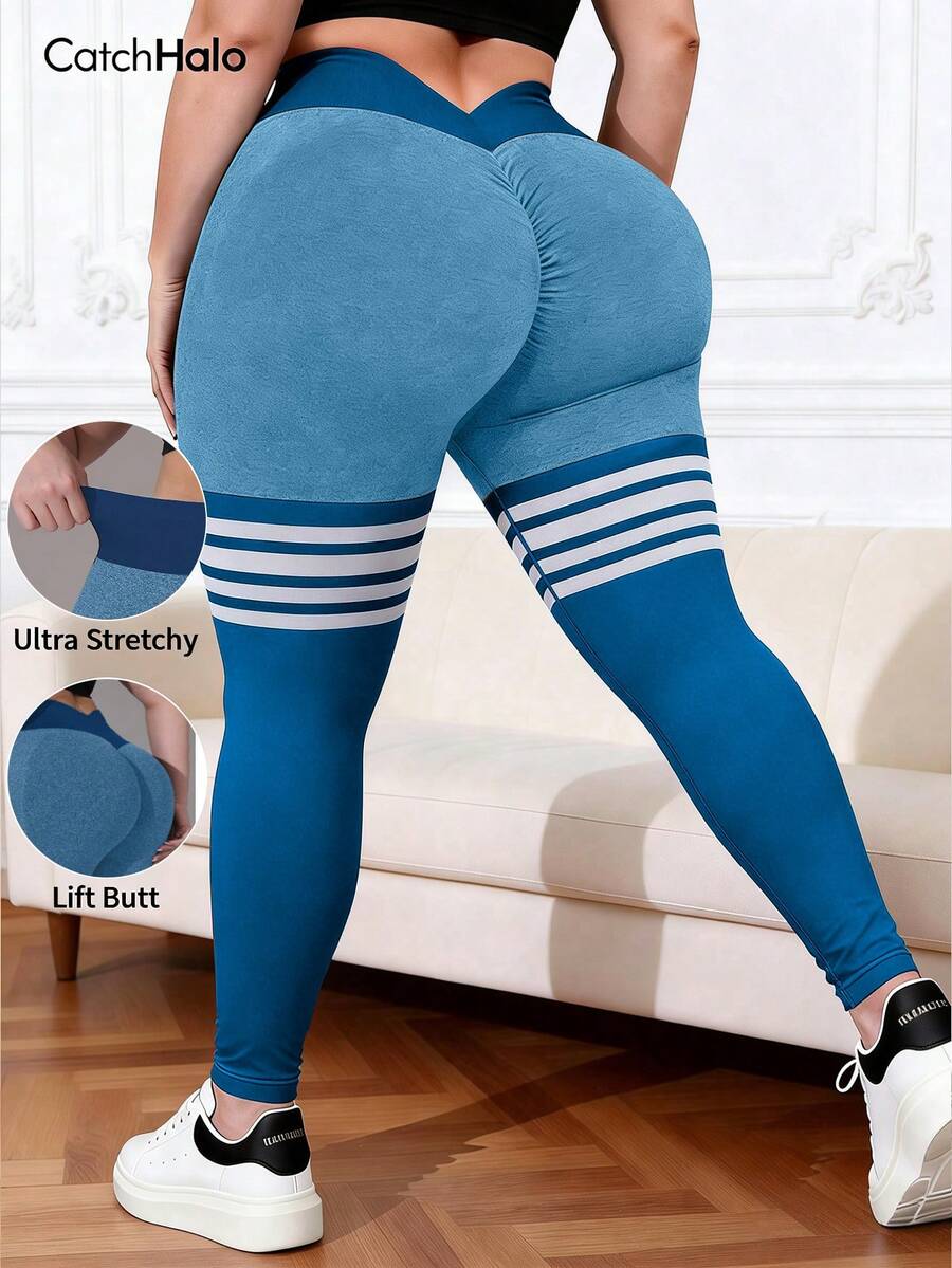 Plus Size Women's Colorblock Striped Yoga Pants, Seamless, High Waist, Abdomen Shaping, Butt Lifting, High Elasticity, Fitness Workout Running Sports - 漫遊藍 - 查看 1