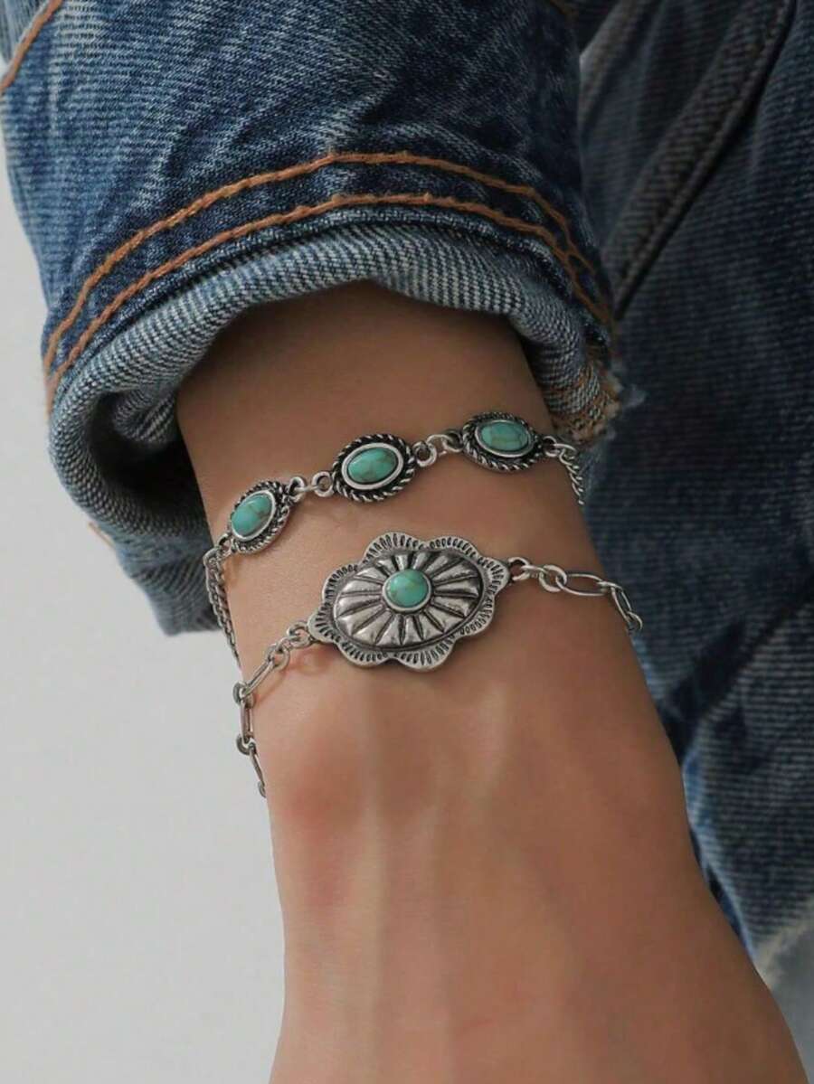 2pcs/Set Western Cowboy Vintage Oval Flower Chain Bracelet, Fashionable Design Versatile Faux Turquoise Bracelet Set - Multicolor - View 1