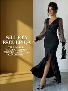 Vestido De Noche De Dama De Honor De Encaje De Gasa - Negro - Ver 3