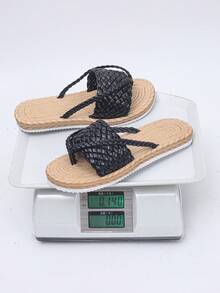 Women's Black Woven Rope Straw Sole Casual Breathable Flip Flop Flat Sandals, Slip-On Summer Beach Shoes, Lightweight Comfortable Versatile Vacation Sandals - Black Braid - View 8