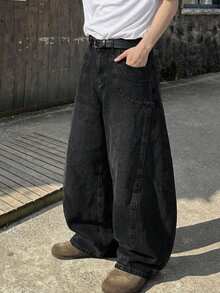 DAZY 1件 Justice Brother 休闲拼接宽松筒状牛仔裤，做旧水洗，男士街头风长裤（不含腰带和配饰） - 黑色 - 查看 1