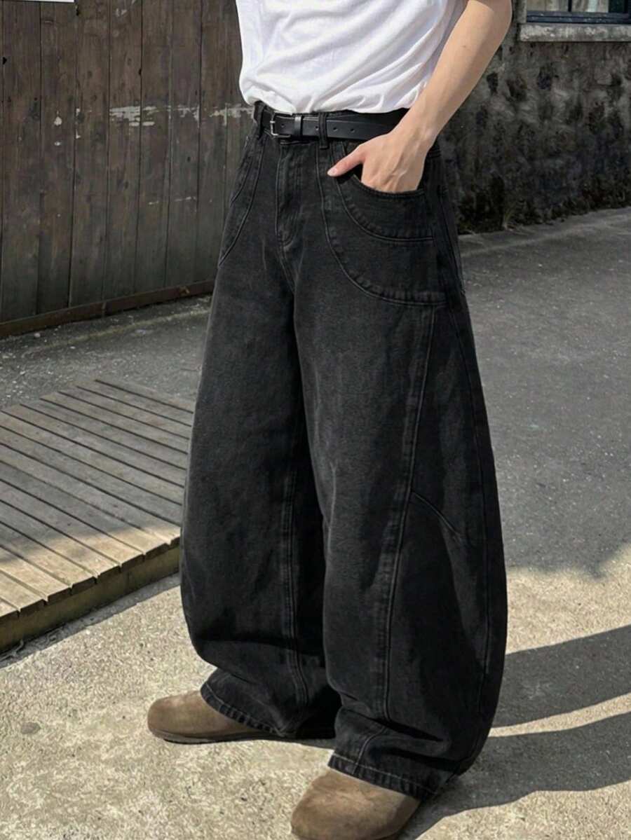 DAZY 1件 Justice Brother 休闲拼接宽松筒状牛仔裤,做旧水洗,男士街头风长裤(不含腰带和配饰) - 黑色 - 查看 1