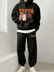 Youth Boy Cartoon Print Warm Hoodie And Pants Set - Black - View 1