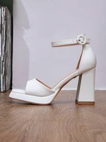 Sandalias de tacón alto para mujer con suela gruesa y tacón ancho, de PU blanco super suave, con una sola correa - Blanco - Ver 6