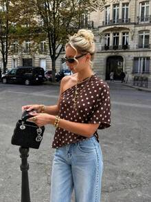 Damen Sommer elegantes lässiges braunes Polka-Dot One-Shoulder Kurzarm Top für Party Strand Urlaub Geburtstag Ausgehen - Schokoladenbraun - Übersicht 4