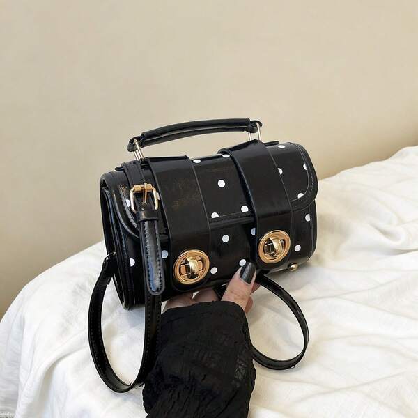 Women's Polka Dot Mini Crossbody Bag, Premium Style, Summer New Handbag, Commuter Shoulder Bag, Double Lock Mini Square PU Leather Bag