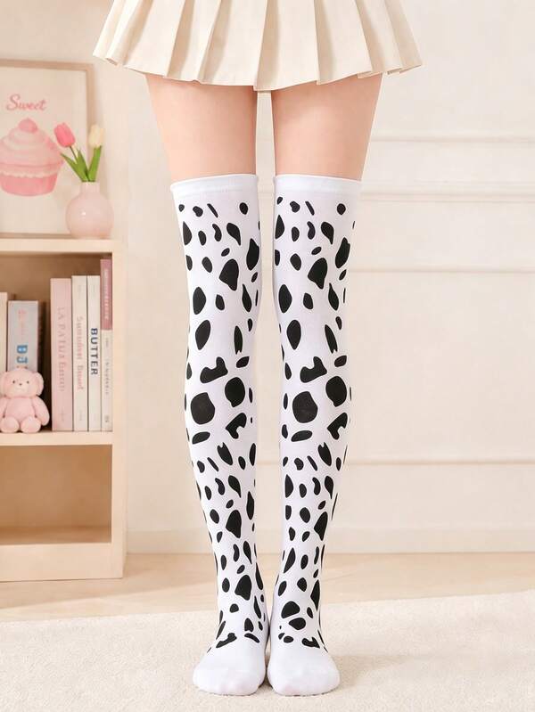 Women's White Over Knee Socks With Black Cow Spot Print, Soft Stretch Long Stockings For Cute Daily Looks