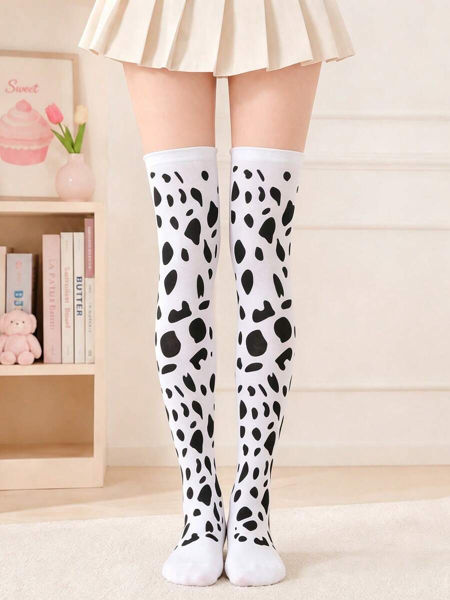 Women's White Over-The-Knee Socks, Black Cow Print, Soft Elastic Long Socks, Suitable For Cute Daily Wear - White - View 1